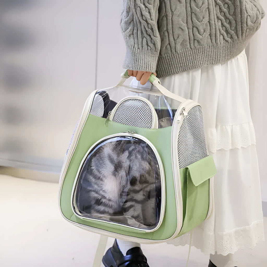Portable foldable pet bag in blue solid colour, medium capacity, made from PU and PVC materials