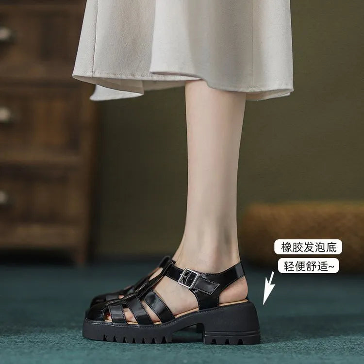 Women's retro platform sandals with chunky heel, closed round toe, and buckle strap in black and beige.