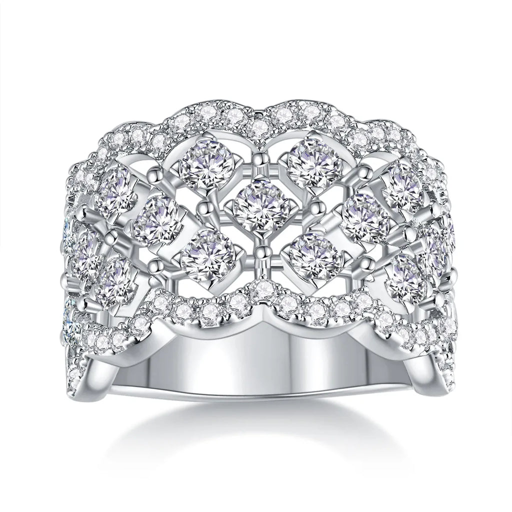 Lace Snowflake moissanite wedding ring set in S925 silver with platinum plating on a black background