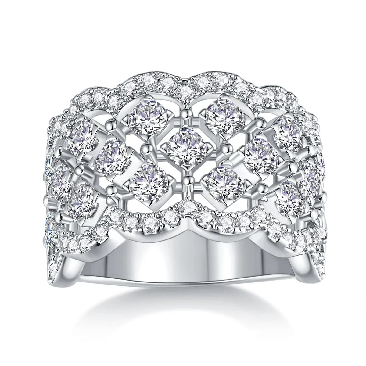 Lace Snowflake moissanite wedding ring set in S925 silver with platinum plating on a black background