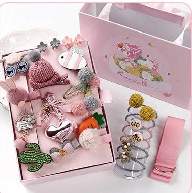 24-piece children's hair clip set with cartoon animal designs including blue fox and pink elephant