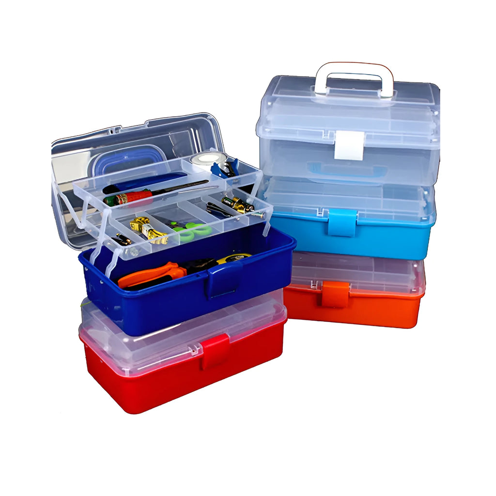 Large 2-layer transparent PP plastic storage box with foldable design, containing medicines and cosmetics