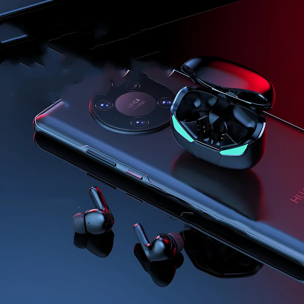Wireless TWS in-ear sports stereo headphones in neutral-black with bilateral sound and power cord