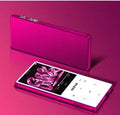 A portable black MP3 player with a 2.4-inch touchscreen, showing a music interface.