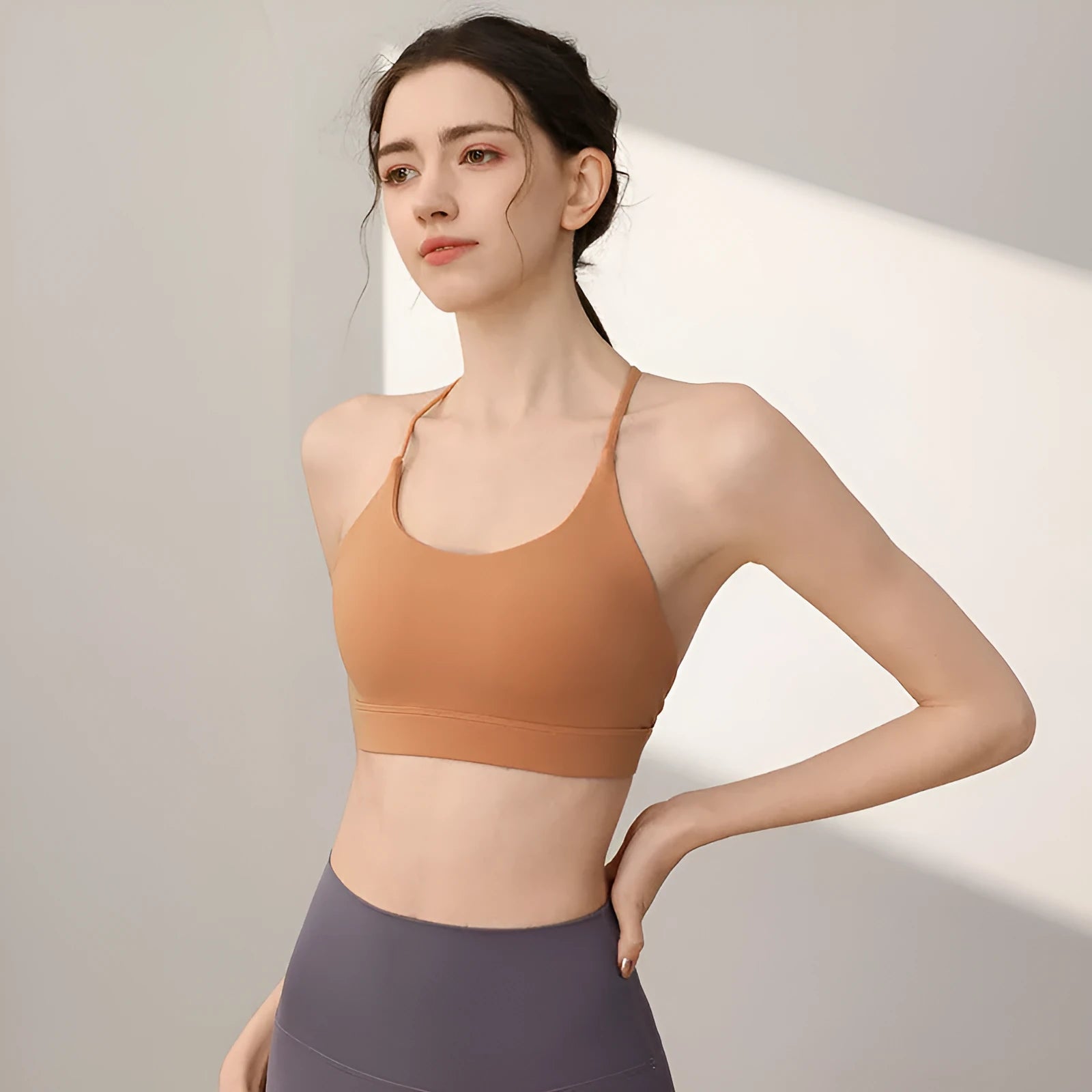 Women's nylon sports vest with fixed double-shoulder straps in green tea green colour