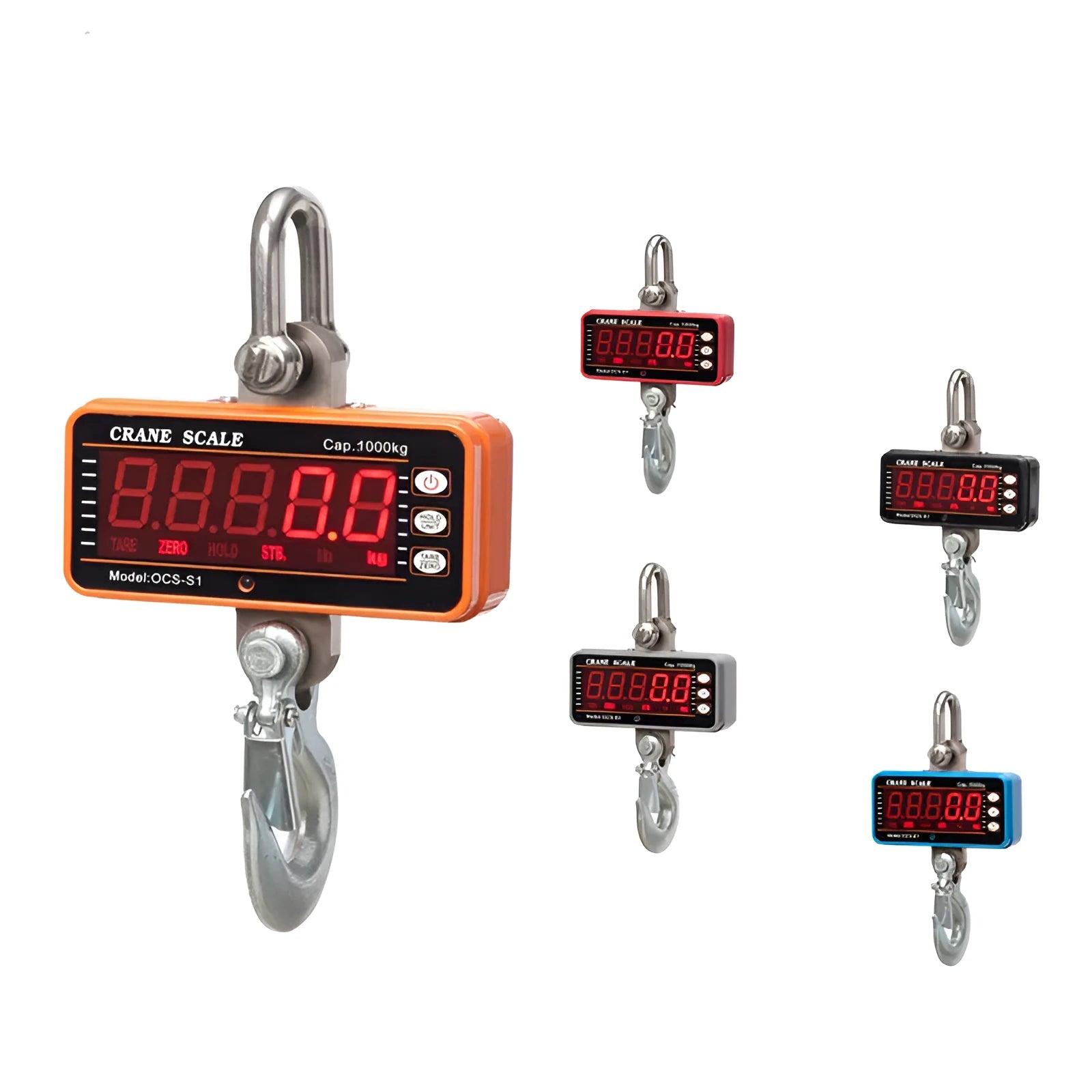 Orange electronic crane scale with digital display, shown with a 500kg capacity rating.
