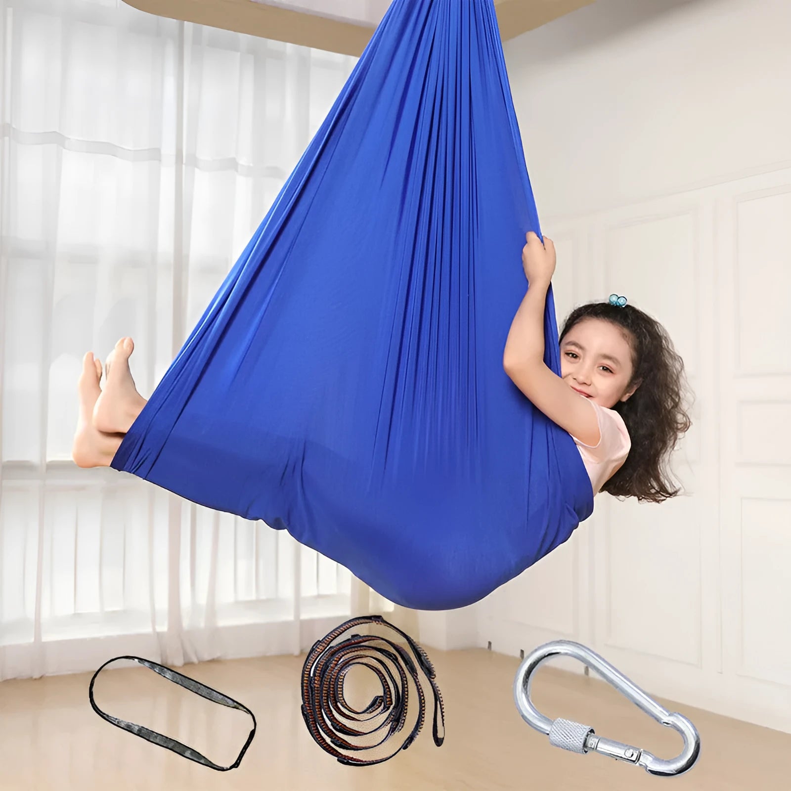 Kids elastic swing hammock in nylon, 100x280cm, with steel lock for indoor outdoor sensory therapy