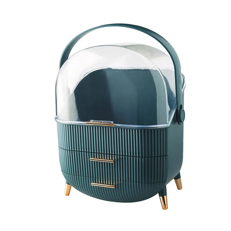 Waterproof and dustproof PVC cosmetic storage box in white and green, dimensions 28.6 x 18.5 x 37 cm