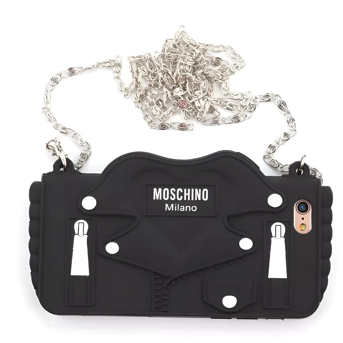 Black silica gel phone case with chain for iPhone X, luxury slant design and gum dropping texture