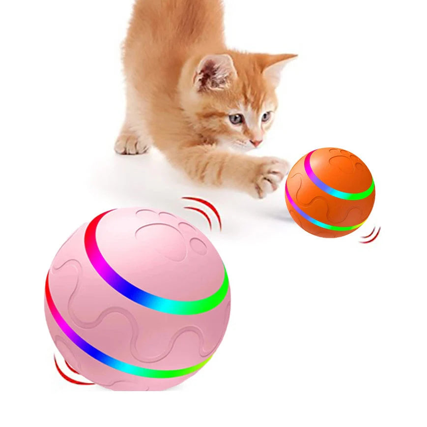 Intelligent Wicked Ball Toy for Cats with automatic rotation and USB charging in orange, yellow, and pink