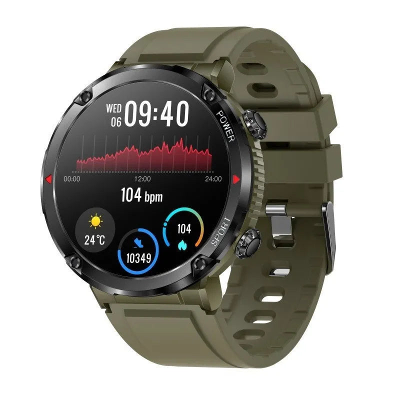 T30 smart watch with black silicone strap showing IPS screen displaying heart rate data.