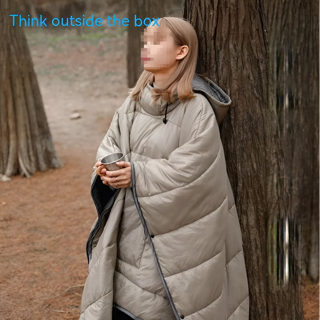 Army Green outdoor cloak sleeping bag worn as garment showing 200x140cm dimensions