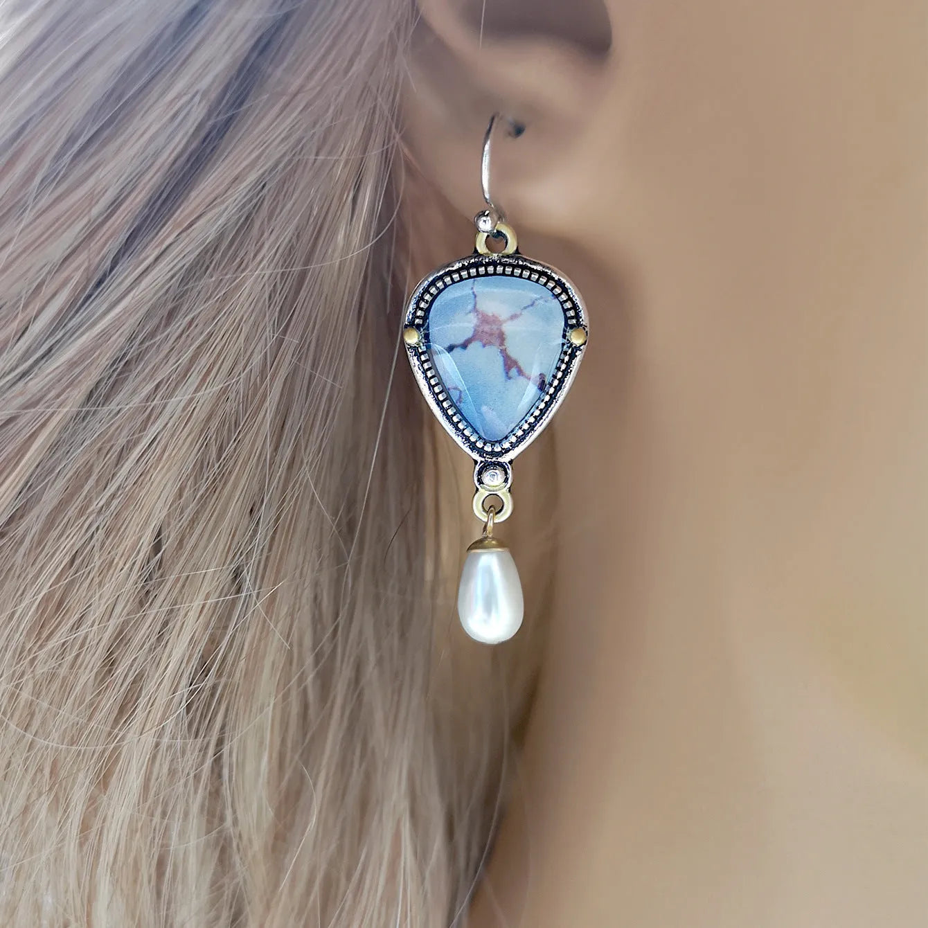 Retro blue women's drop earrings with synthetic opal, pearl, and geometric metalwork.