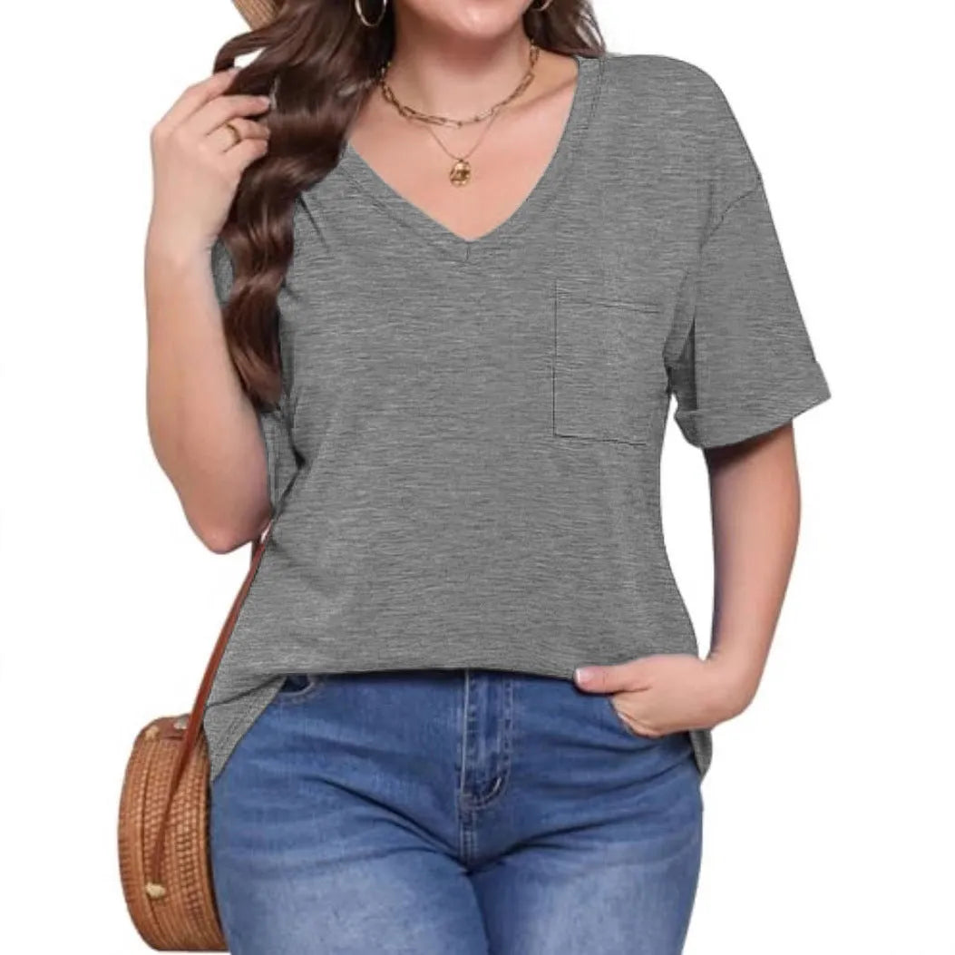Grey loose fit V-neck T-shirt with a chest pocket on a plain background.
