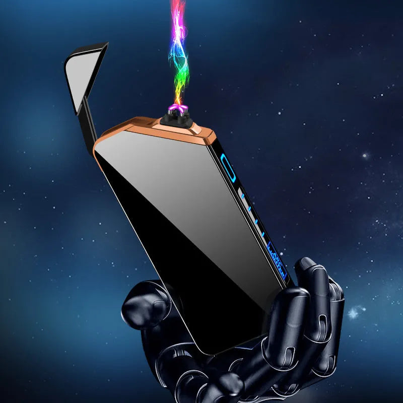 USB charging double arc lighter in silver zinc alloy with ice noodle finish on white background