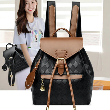 Women's leather backpack in black, black with brown, and ostrich with khaki colors