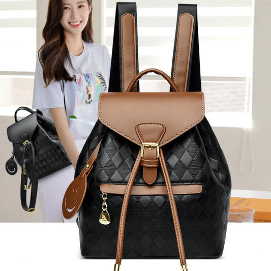 Women's leather backpack in black, black with brown, and ostrich with khaki colors