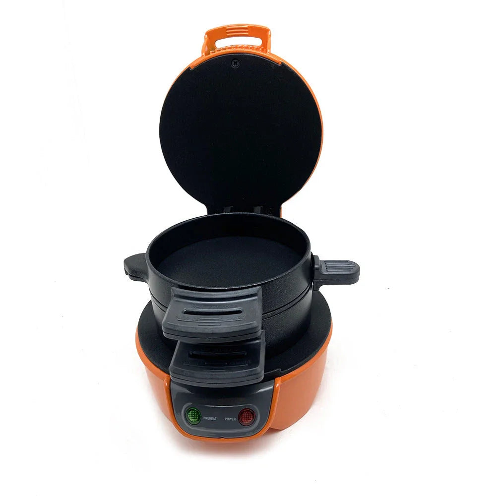 Versatile breakfast sandwich maker with egg cooker, bread machine, and waffle functions in bright red, orange, and silver gray colors