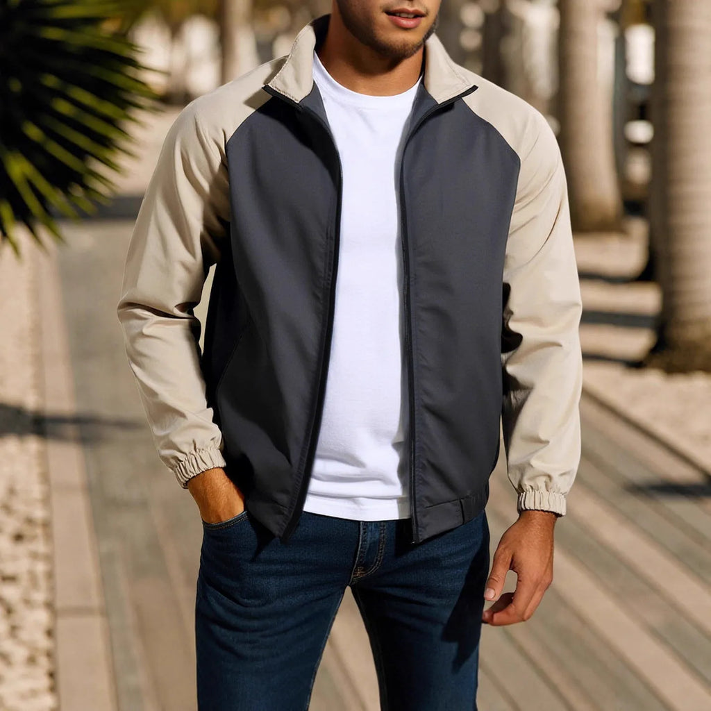 Men's green loose-fit casual jacket with stand collar and raglan sleeves