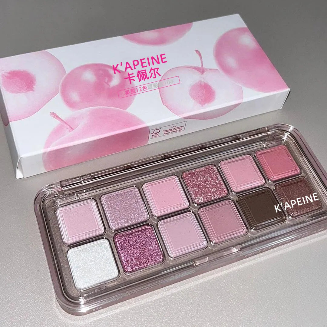 Creative Home 12-colour eyeshadow palette showing Peach Apple and Cherry Plum powder eyeshadows