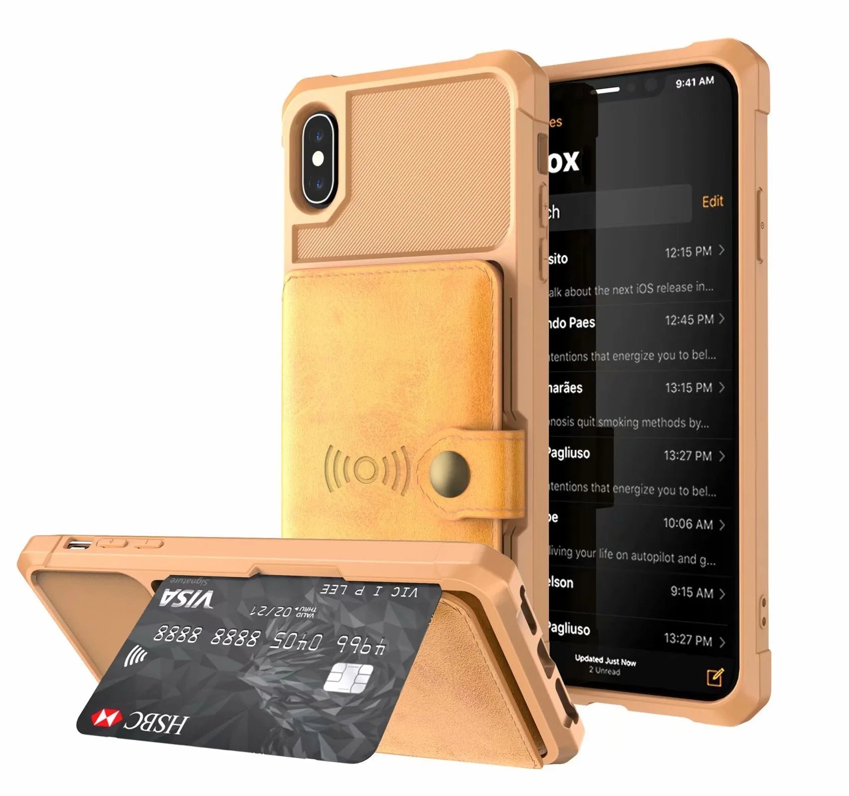 Geometric pattern PU leather mobile phone case in black, shown fitted on a smartphone.