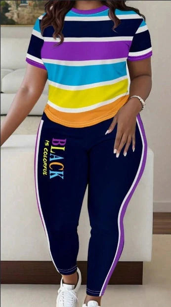 Women's colourful stripe print T-shirt and pants casual set with slight stretch