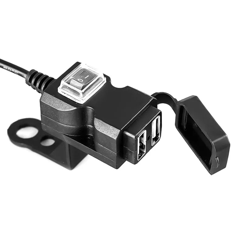 Dual USB 12V waterproof motorcycle handlebar charger with ABD housing, two ports for charging phones and GPS