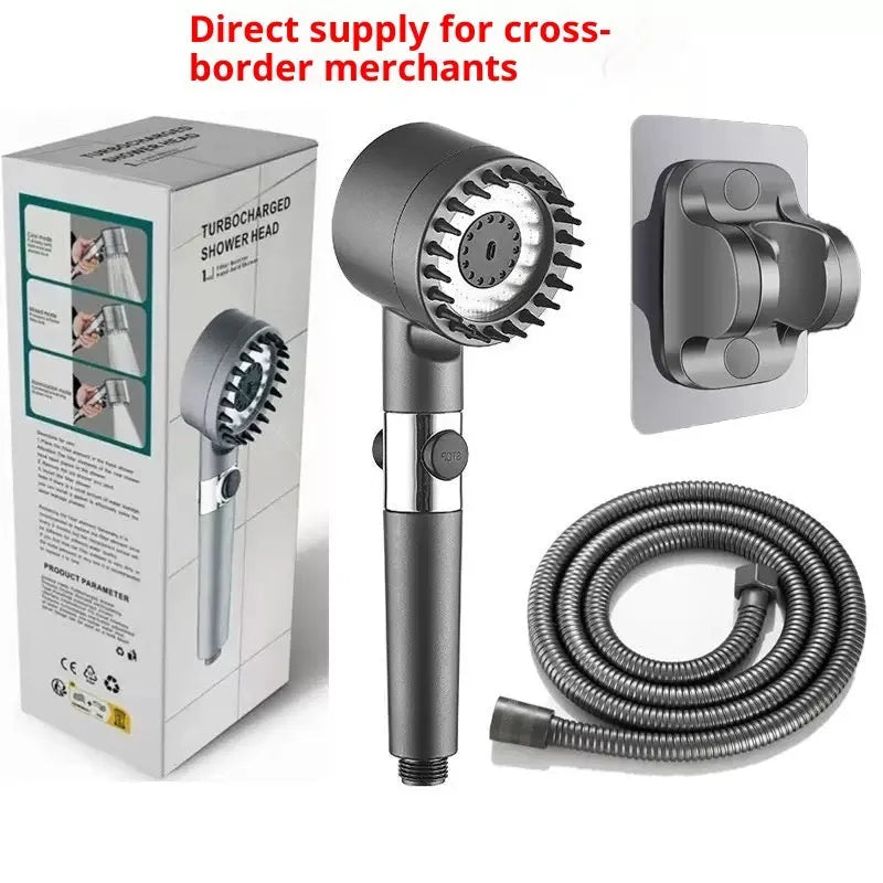 Supercharged ABS handheld shower set in light luxury grey with 5 functions, LED light, and universal interface.