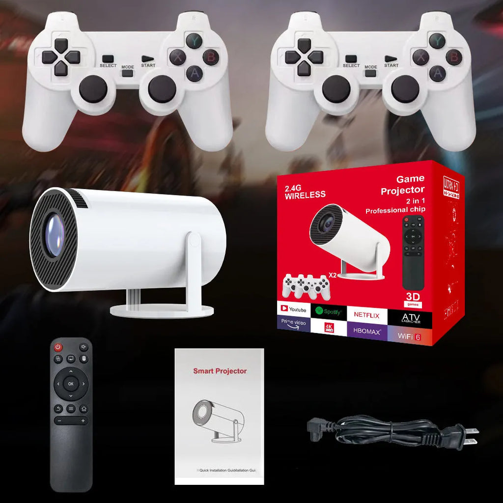 Wireless 720p HD portable game projector with remote on white background, multiple colour model options