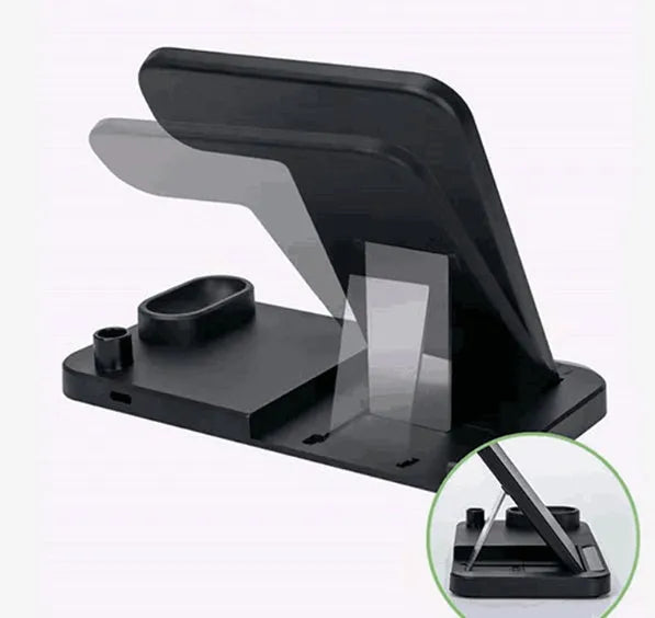 Black 4-in-1 wireless charging station showing phone on adjustable stand, with Apple Watch and AirPods charging on the base.