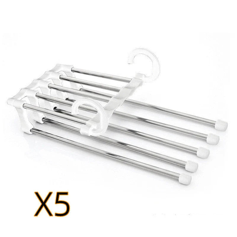 Versatile 5-in-1 stainless steel clothing rack with dual-hook system for organised wardrobe