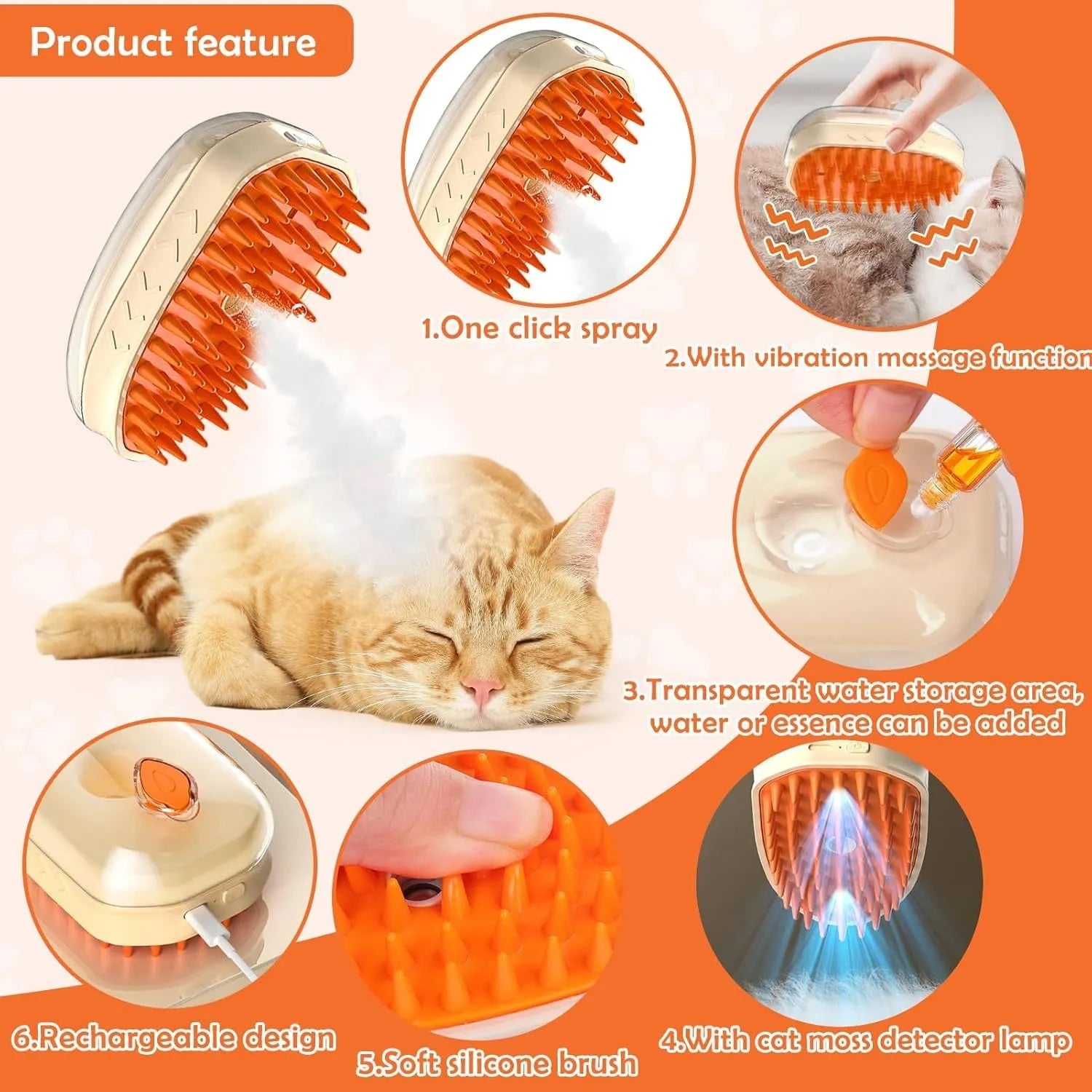 Yellow USB rechargeable cat brush steamer with water tank, silicone brush head, and UV detection light.