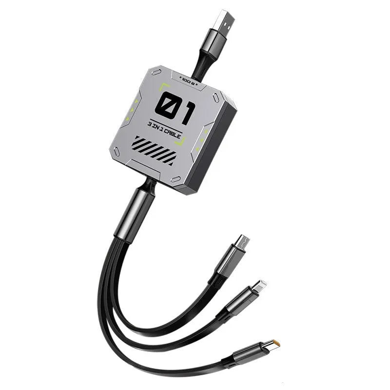 Three-in-one telescopic data cable 100W super fast charge Mini USB TPE+ABS grey black