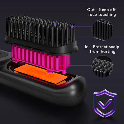 Cordless hair straightening brush with fast heating, long-lasting battery, and USB charging capabilities