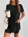 Women's ribbed cotton crew neck short sleeve top and shorts lounge suit set in grey