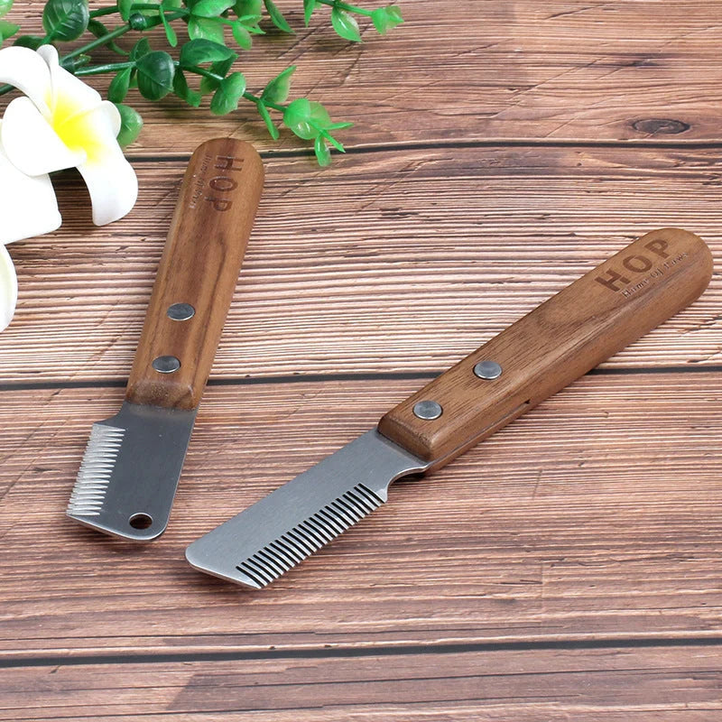Terrier dog grooming comb with walnut wood handle and stainless steel cutter head