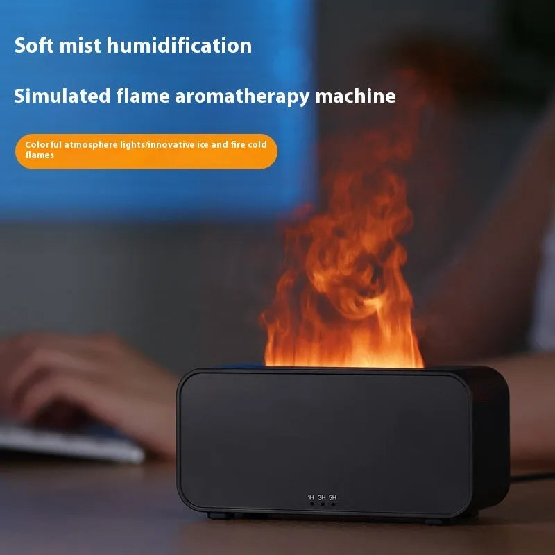 Black and white USB aromatherapy diffuser with simulated flame effect showing mist output.