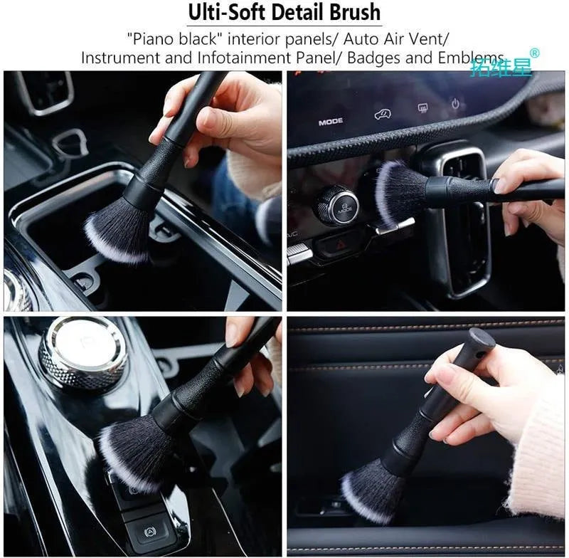 Black car detailing brush with ultra-soft pig hair bristles and PP handle in 240mm and 160mm sizes
