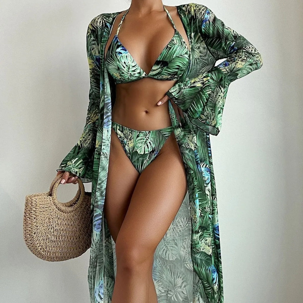 Three-piece split bikini cover beach swimsuit set in printed polyester with spandex lining, available in green flower and blue pattern