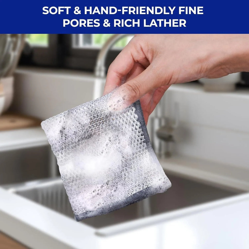 Silver wire and coloured microfiber kitchen cleaning cloths in 20x20cm and 25x25cm sizes for scrubbing pots.