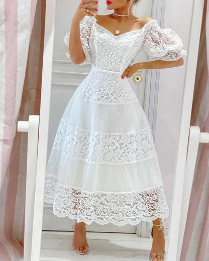 Elegant white V-neck lace stitching dress with puff sleeves and large hem