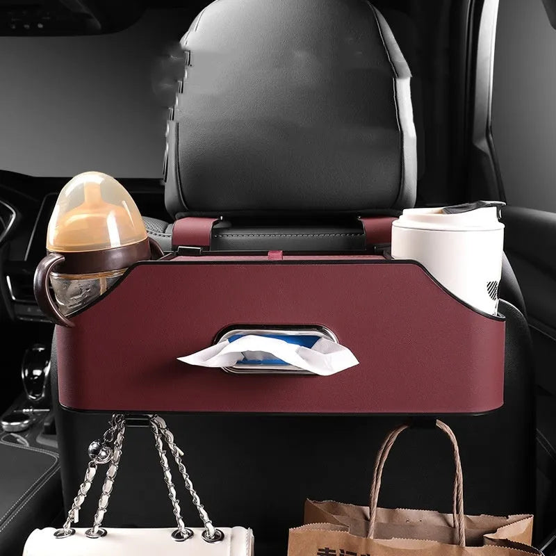 Genuine leather multifunctional car tissue box and cup holder organiser in beige