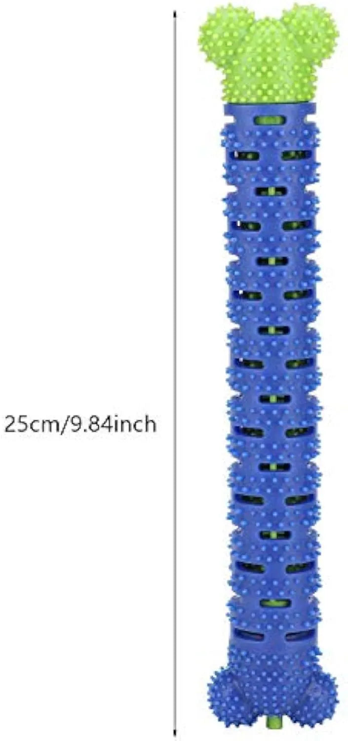 Blue green silicone dog dental cleaning stick toy with brush head design and massage nodules