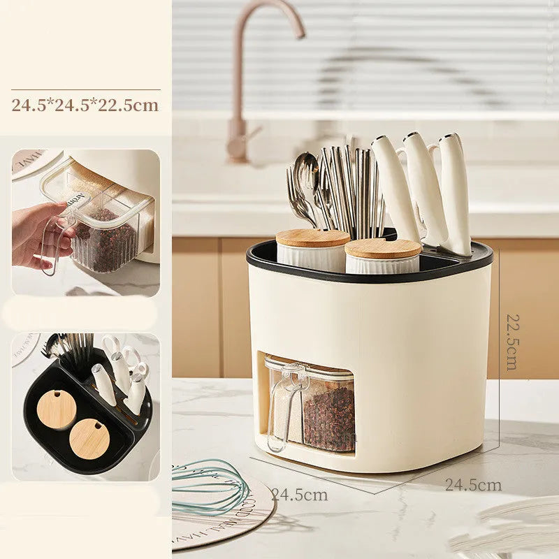 White rotating kitchen storage bucket set with a separate four-compartment spice box for cutlery and utensil organisation.