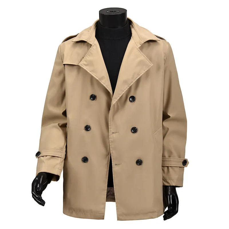 Men's khaki double-breasted casual jacket made of polyester fibre, loose fit, 50cm length, front view