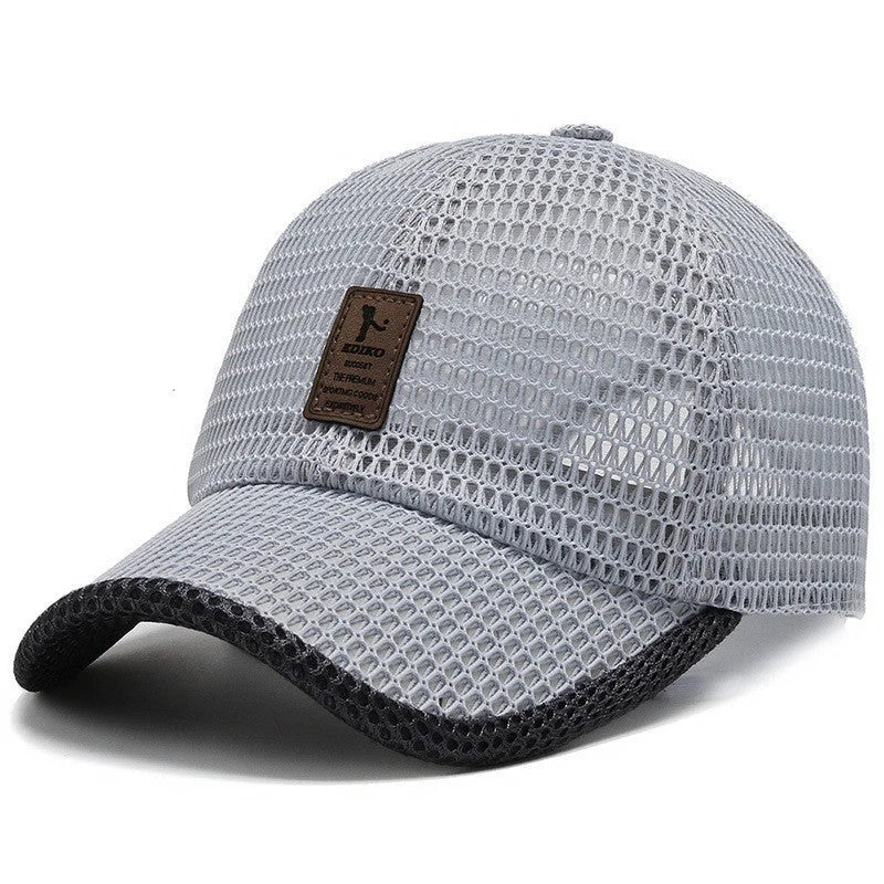 Men's quick-drying mesh baseball cap in black, blue, grey, and dark grey for sun protection