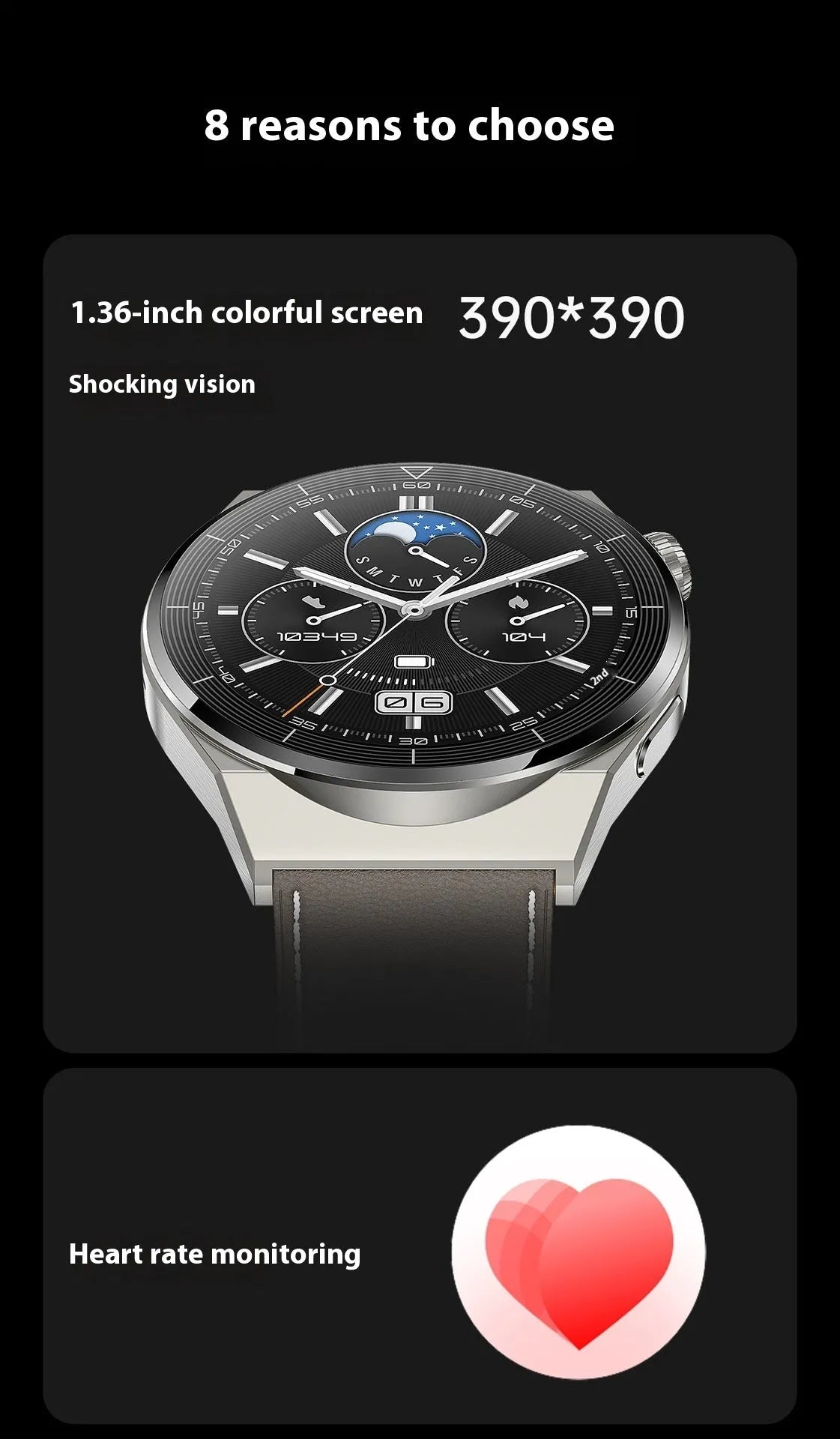 Black silicone strap smartwatch with silver vinyl case showing a TFT touch screen display.