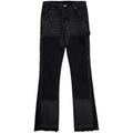 Black micro flared patchwork raw edge jeans for women, loose straight tube denim trousers