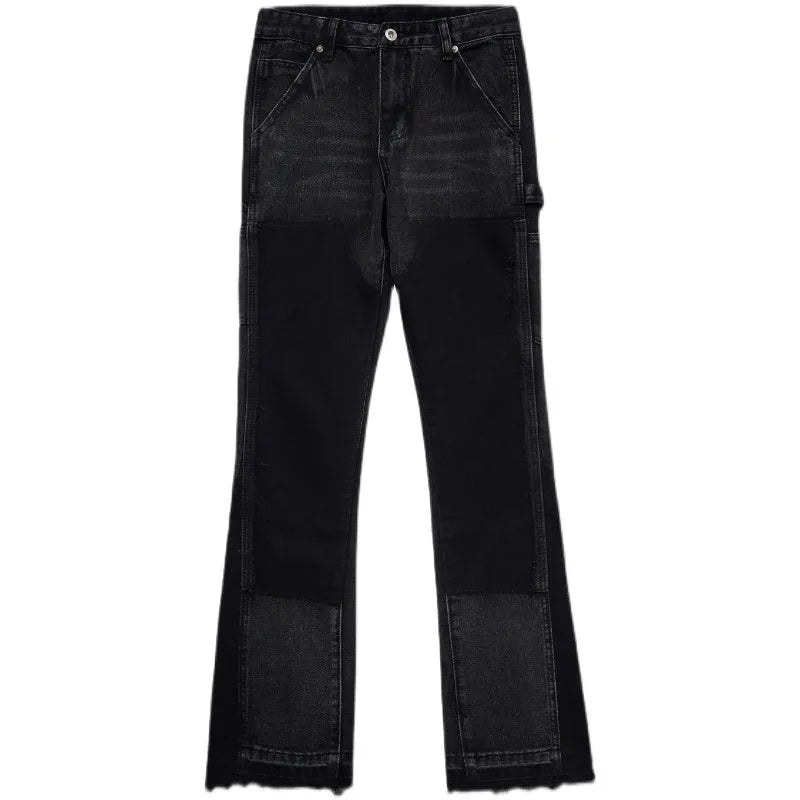 Black micro flared patchwork raw edge jeans for women, loose straight tube denim trousers