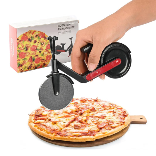 Stainless steel pizza cutter with dual-headed fluted wheel for scalloped edges and straight cuts, comfortable non-slip handle, and versatile design for slicing through a variety of baked goods